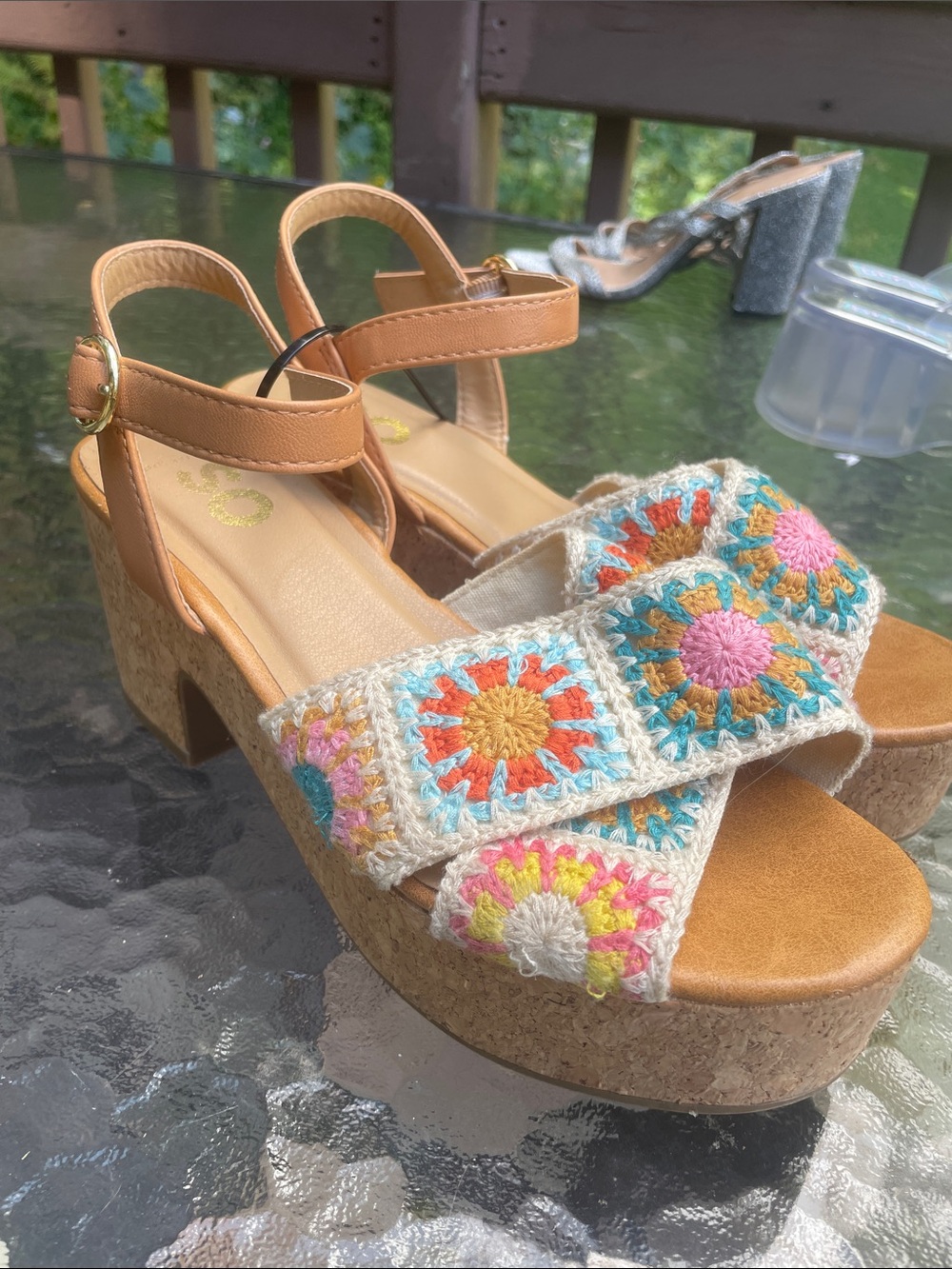 SO Multicolor Crochet Cork Platform Sandals